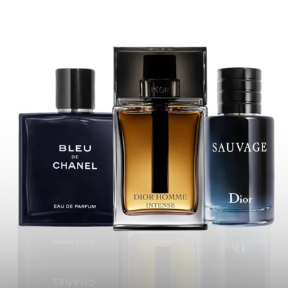 Kit di 3 profumi: Sauvage Dior (60 ml), Bleu de Chanel (50 ml), Homme Intense Dior (50 ml)